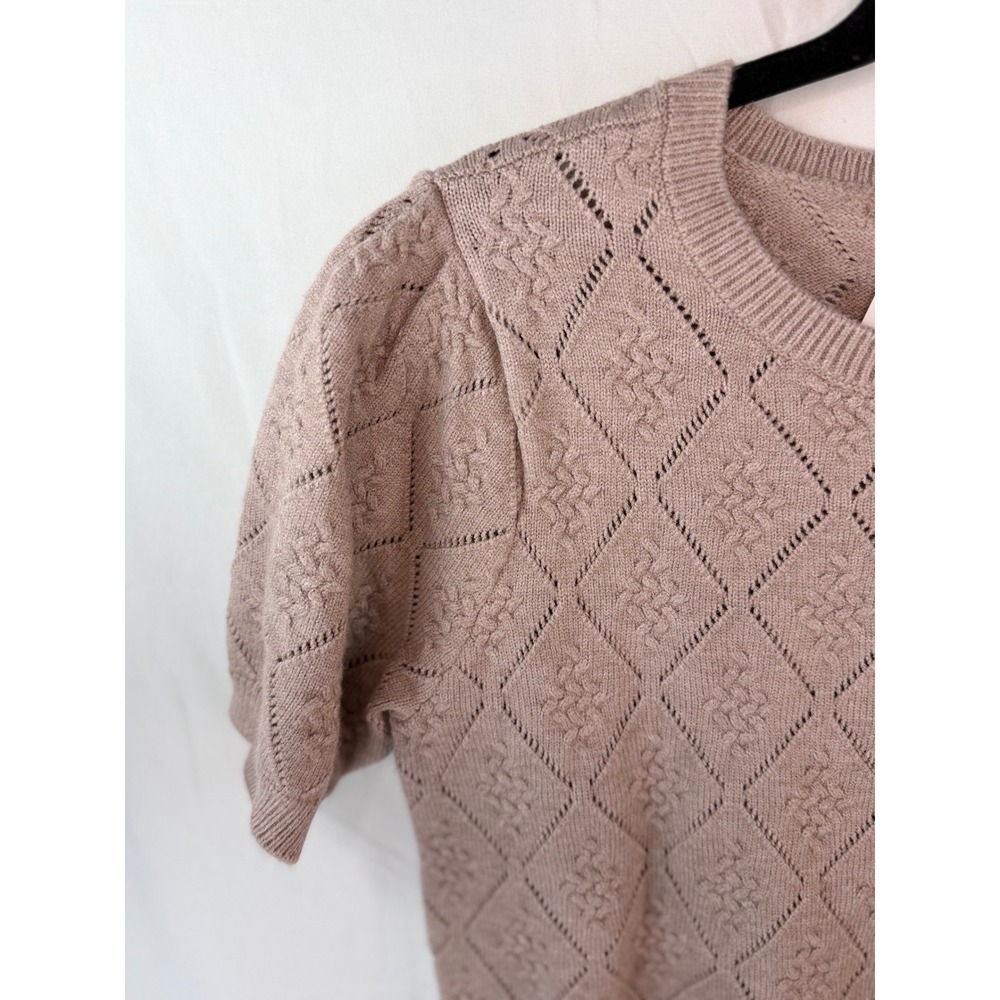 Cyrus Women Pink Mauve Diamond Pointelle Puff Sleeve Knit Sweater Top Sz S NWT - Picture 2 of 7